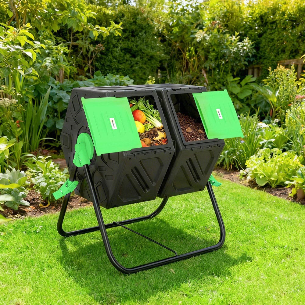 Outsunny 130L Black 2 Chamber Steel Tumbling Garden Compost Bin Image 3