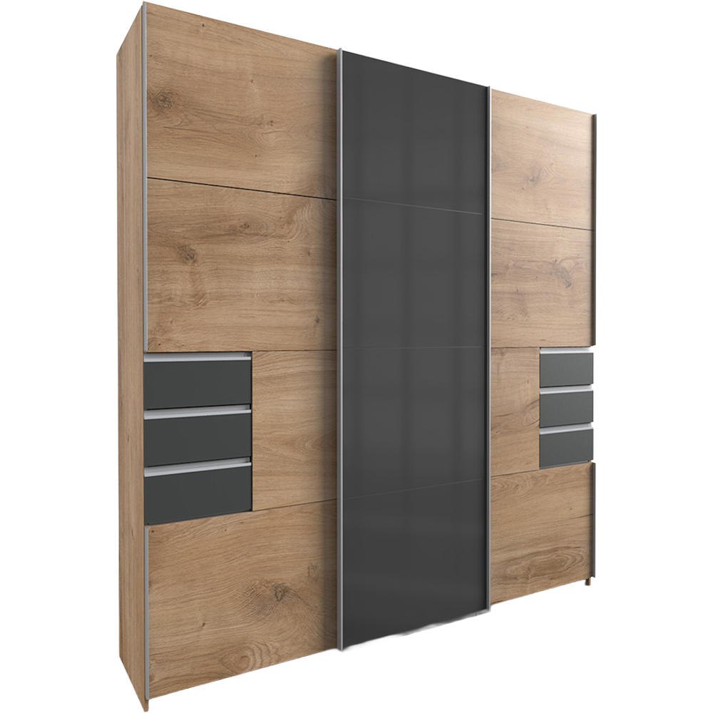 TJ'S Saigon Single Glass Sliding Door 6 Drawer Oak Black Wardrobe Image 2