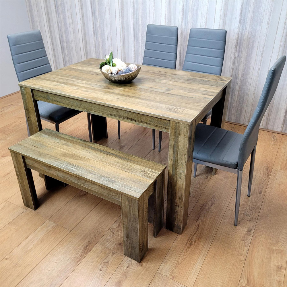 Kosy Koala 6 Seater Faux Leather Dining Bench Set Rustic Effect and Grey Image 7