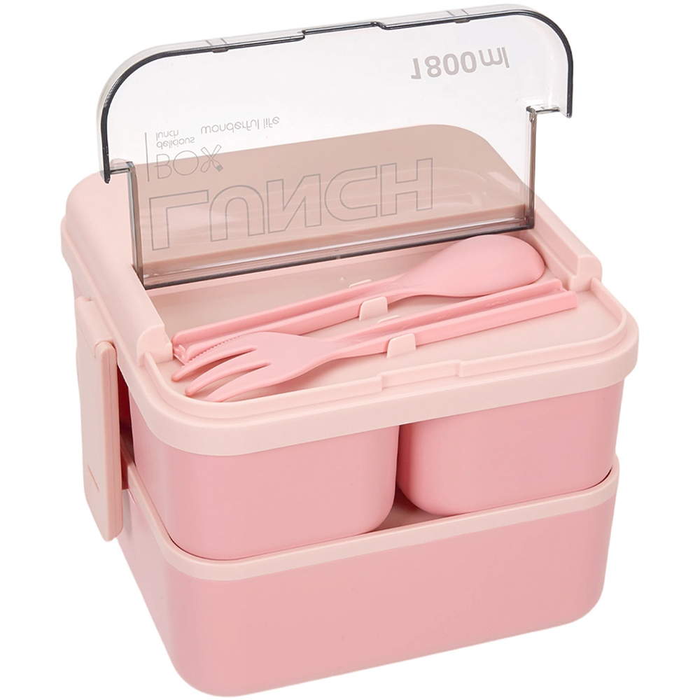 Living and Home 1.8L 2-Tier Pink Lunch Box with Cutlery and 2 Top Compartments Image 3