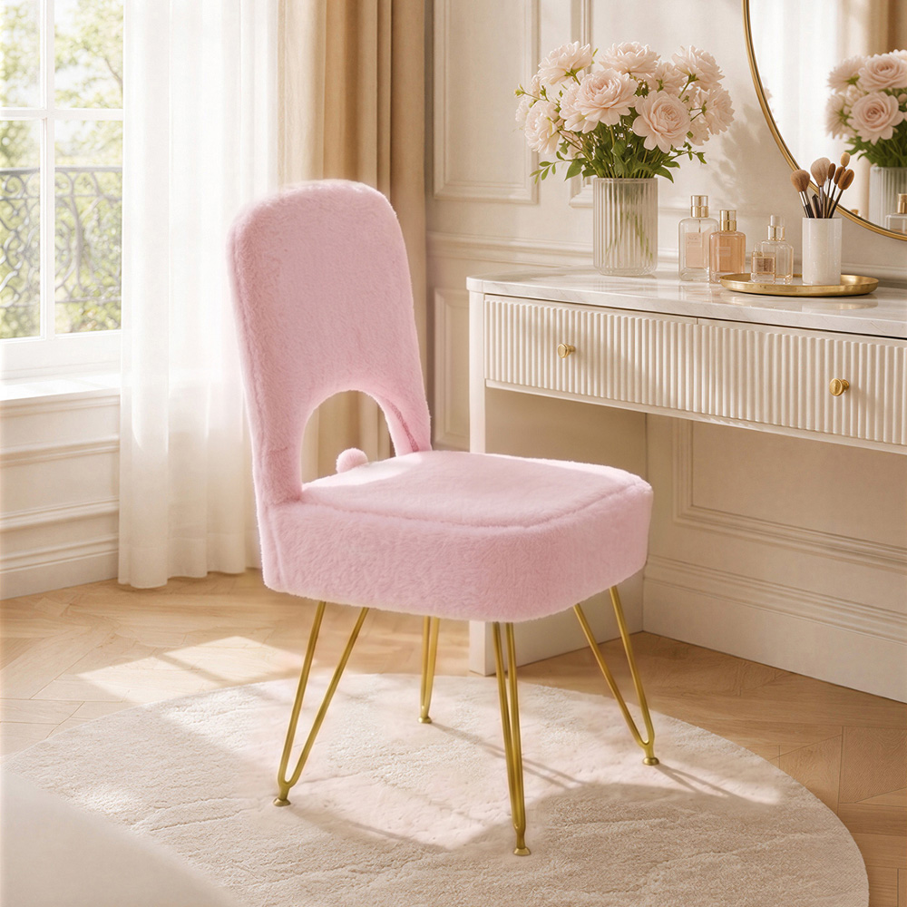 Living and Home Pink Faux Rabbit Fur Foldable Backrest Vanity Chair with Hidden Storage Image 8