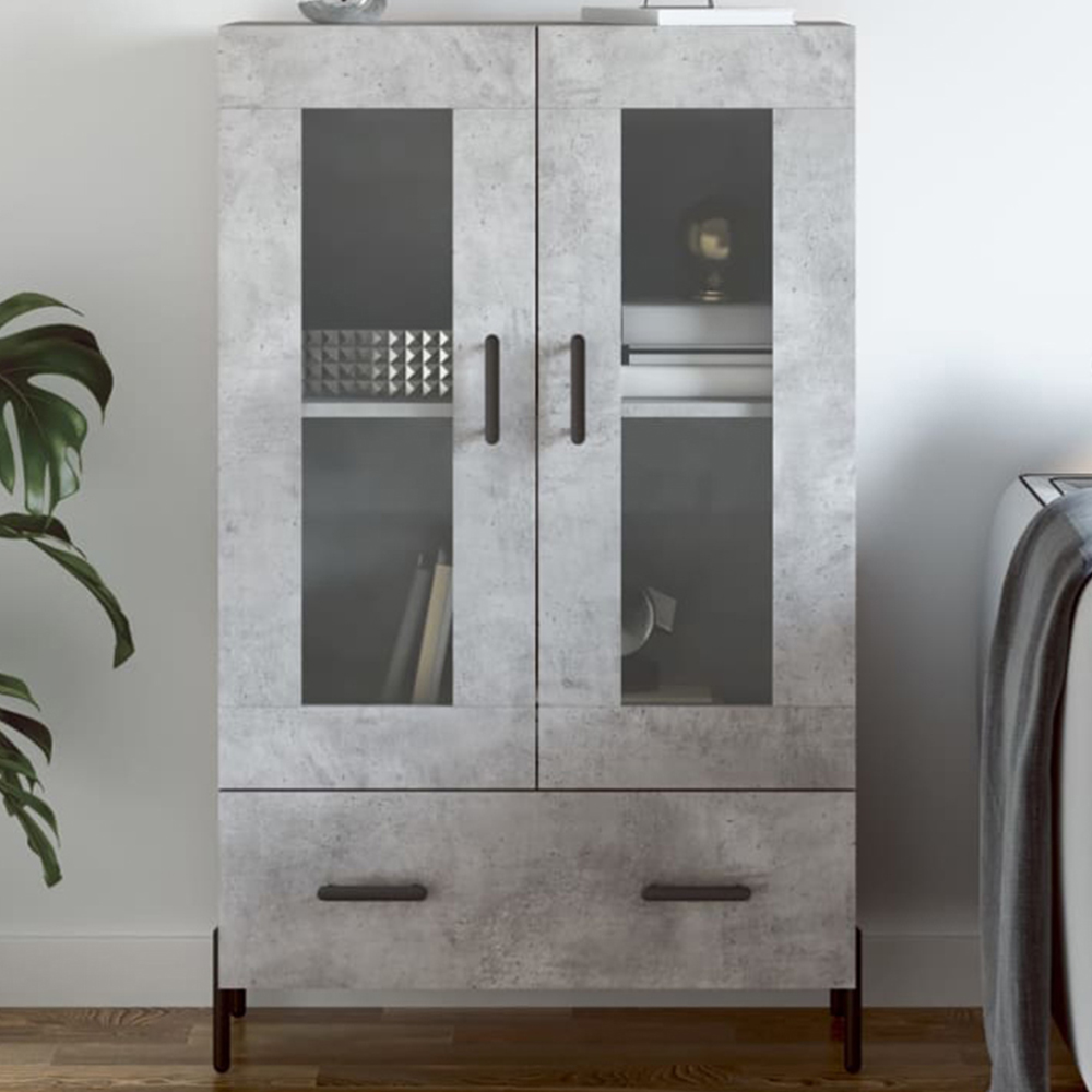 vidaXL 2 Glass Door Single Drawer Concrete Grey Highboard with Metal Legs Image 1