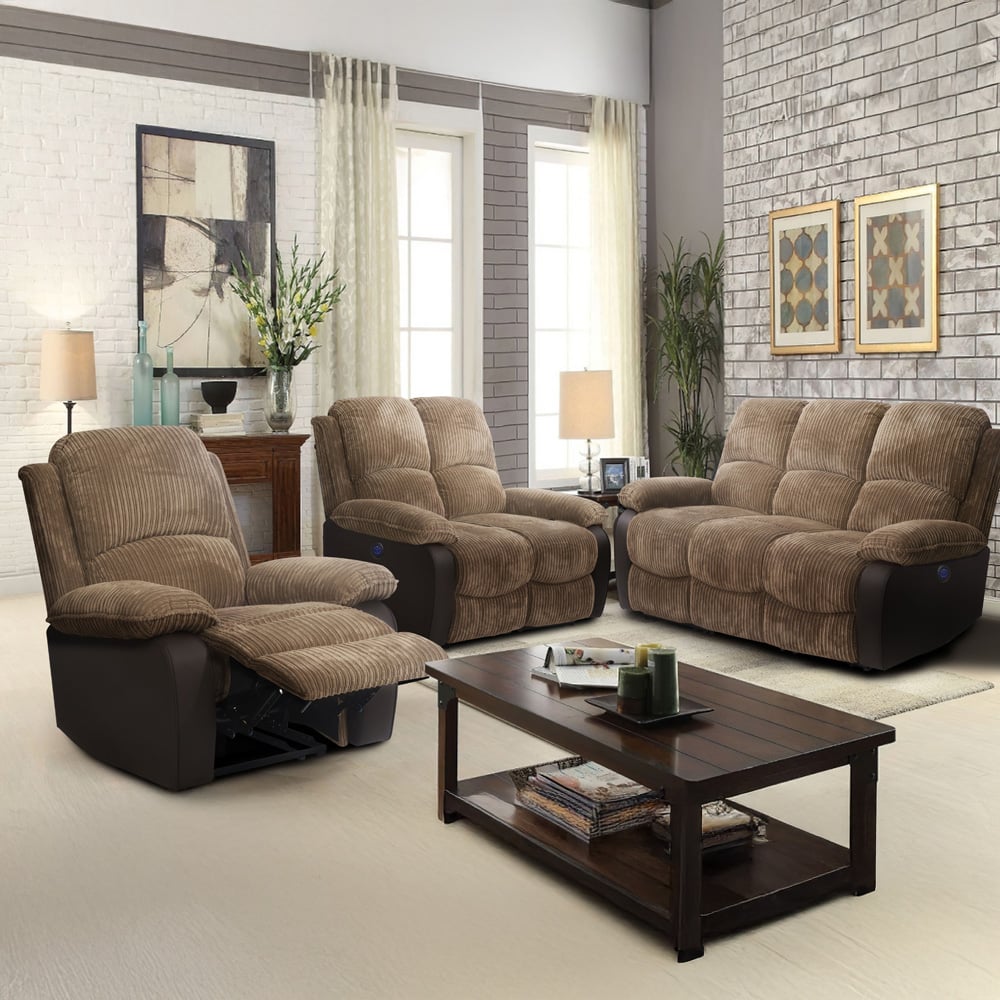 Comfy Living 6 Seater Brown Cord Fabric Electric Recliner Sofa Set Image 1