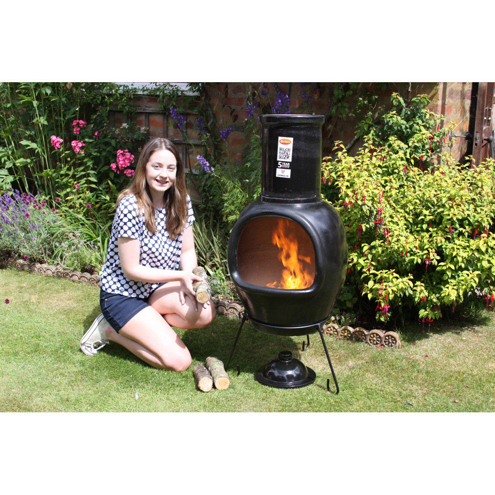 Gardeco Asteria Extra Large Glazed Black Chimalin AFC Chimenea with Stand and Lid Image 6