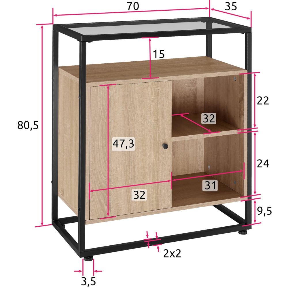 tectake Light Wood Oak Sonoma Glass Tabletop Coventry Sideboard Image 9
