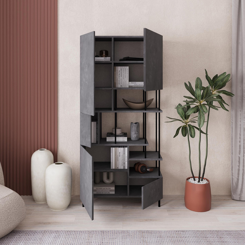 Decortie Key 5 Door 4 Shelf Retro Grey Bookcase Image 5