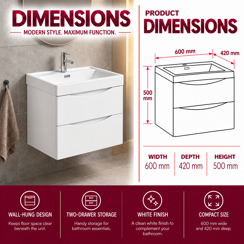 Go Bathrooms 2 Drawer White Gloss Wall Hung Vanity Unit with Ceramic Basin 600mm Image 5