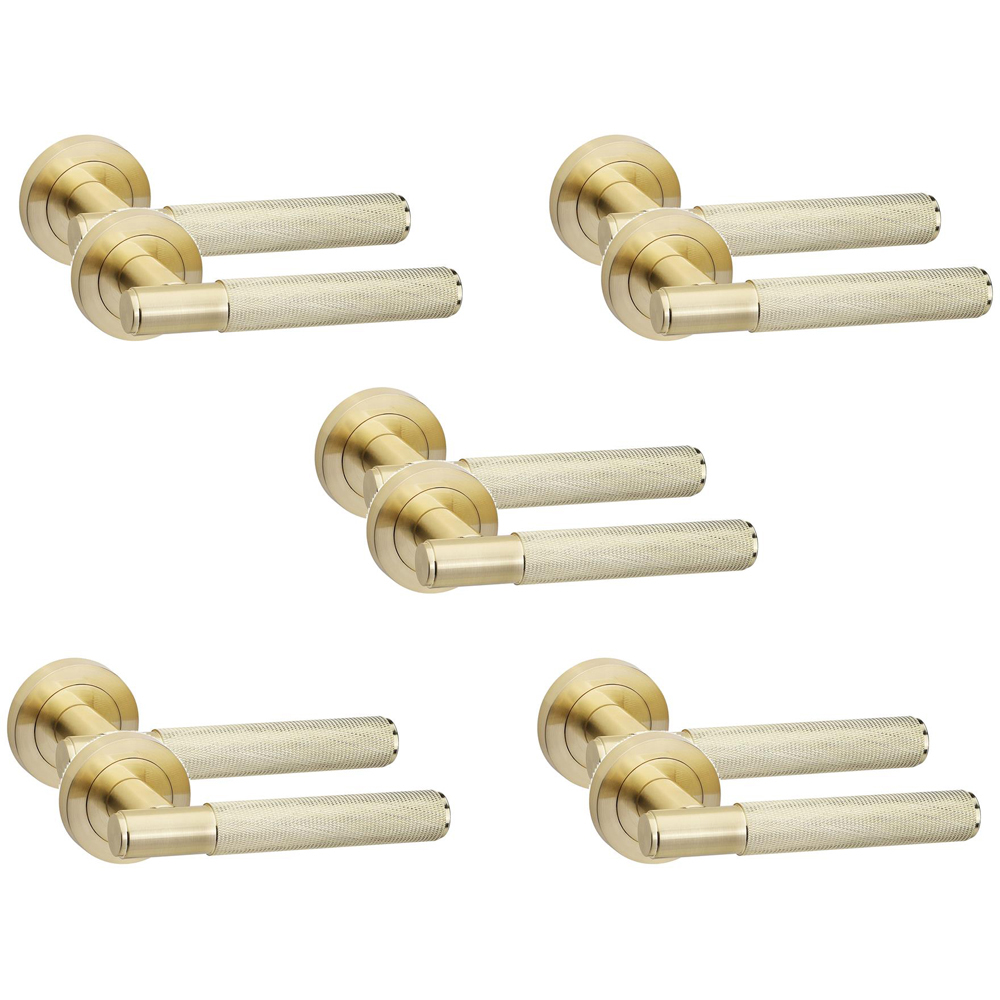 Golden Grace Knurled T-Bar Satin Brass Door Handles Set 5 Pack Image 1