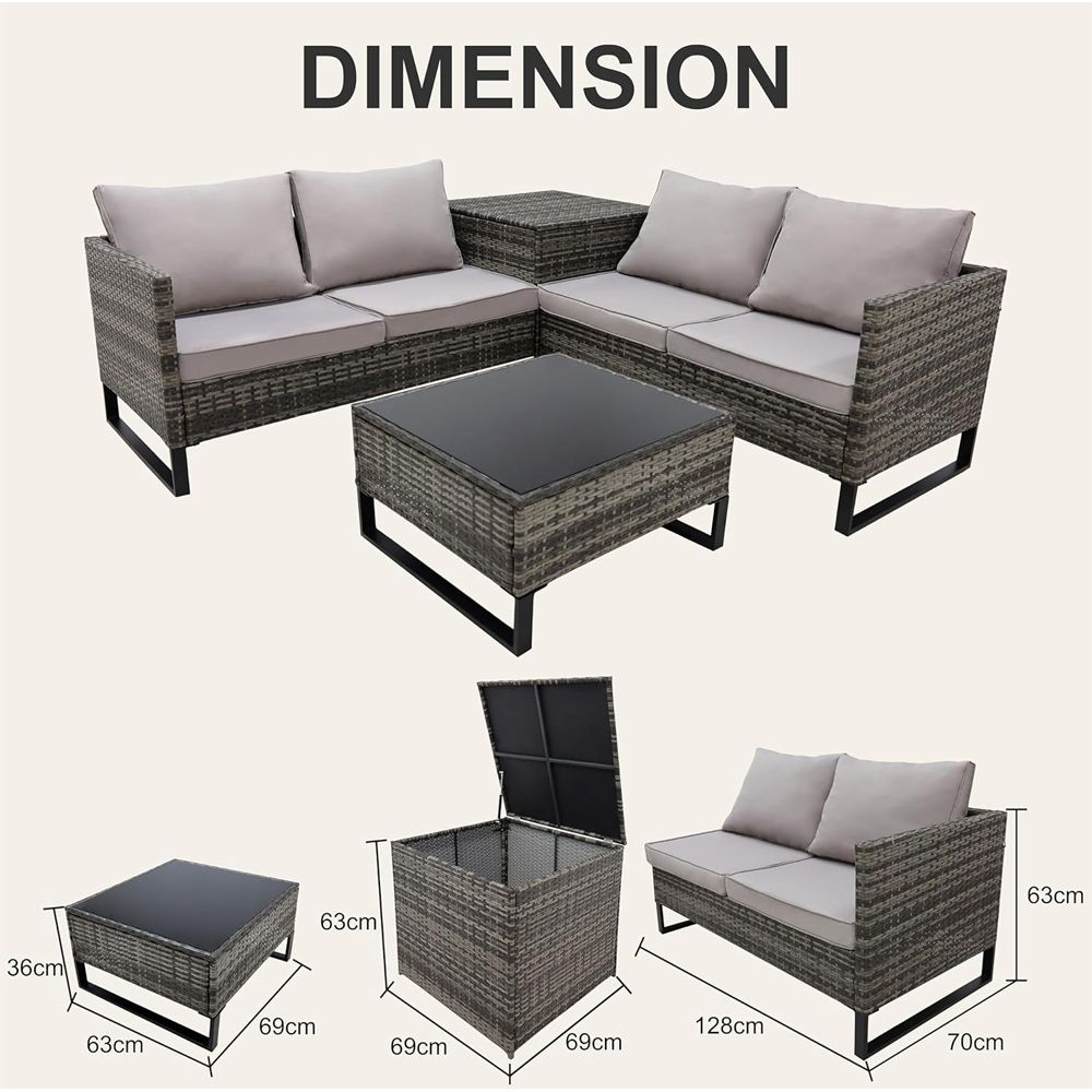 Alivio 4 Seater Grey Rattan L-Shaped Garden Sofa Set with Storage and Glass Coffee Table Image 8