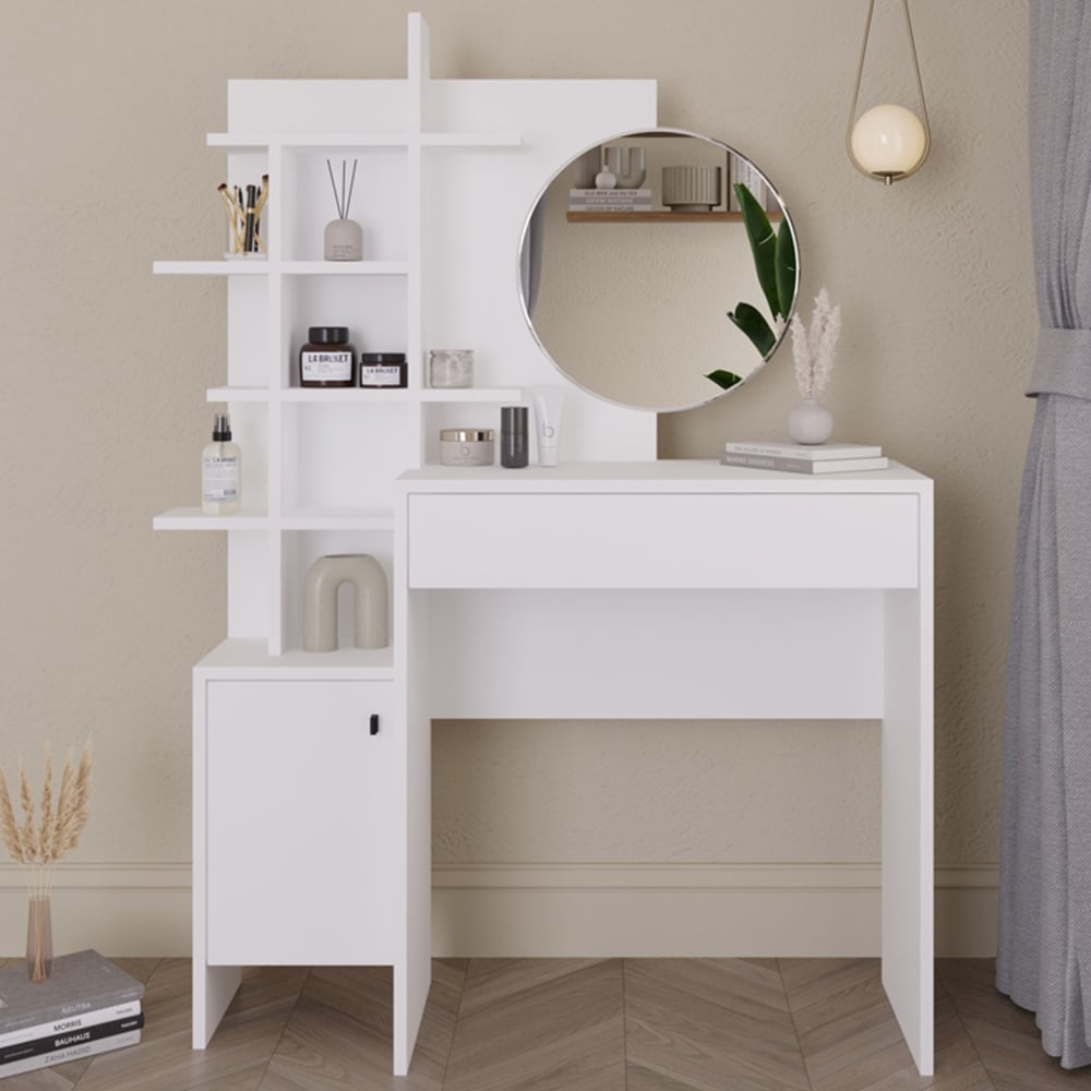 GFW Freyja Single Door Single Drawer White Dressing Table with Mirror Image 1