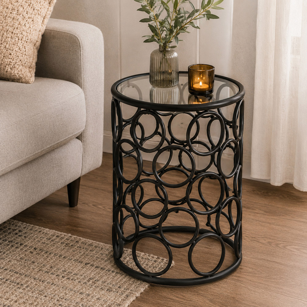 Premier Housewares Antalya Black Round Side Table with Glass Top Image 3
