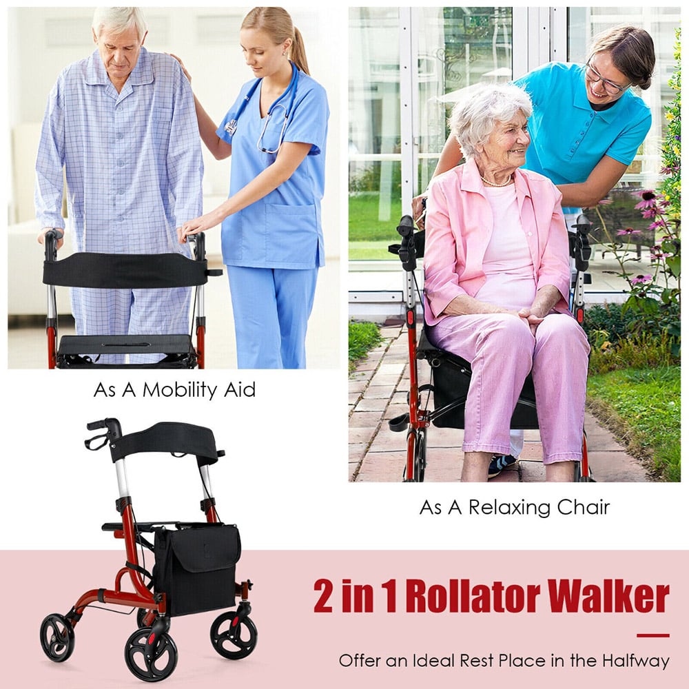 Costway 2 in 1 Red Adjustable Aluminium Walker with Seat Image 7