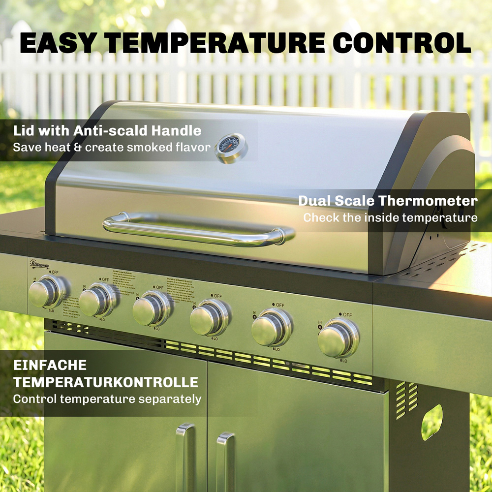 Outsunny Silver 6 Burner Portable Liquid Propane Gas BBQ Grill Image 4