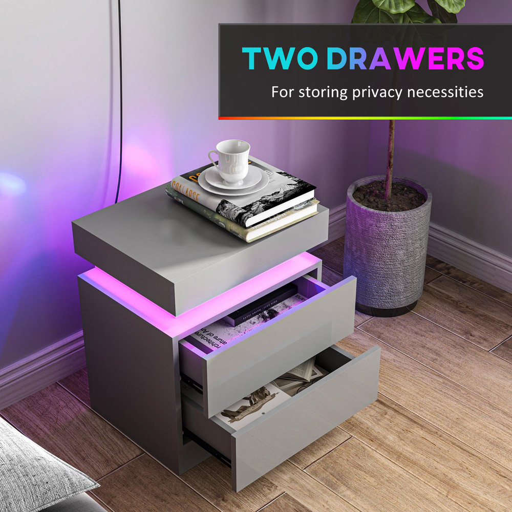 HOMCOM 2 Drawer Grey High Gloss Bedside Table with LED Light Image 5