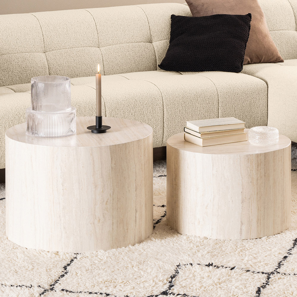 Florence Dice Round Light Travertine Effect Coffee Table Set of 2 Image 1