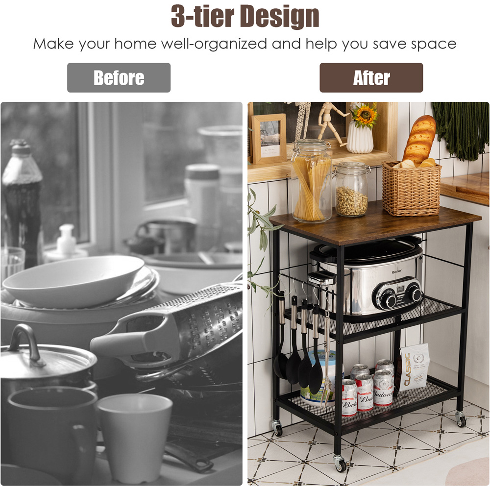 Costway 2 Shelf Coffee Kitchen Trolley with Hooks Image 8