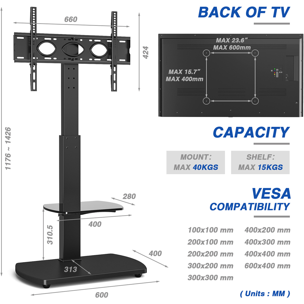 TTAP Single Shelf Black Freestanding TV Stand Image 6