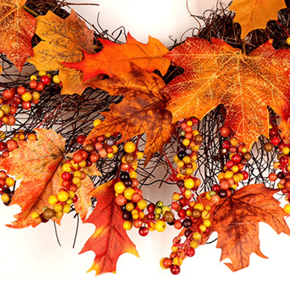Living and Home Rattan LED Wreath with Maple Leaves Twigs and Berries 45cm Image 4