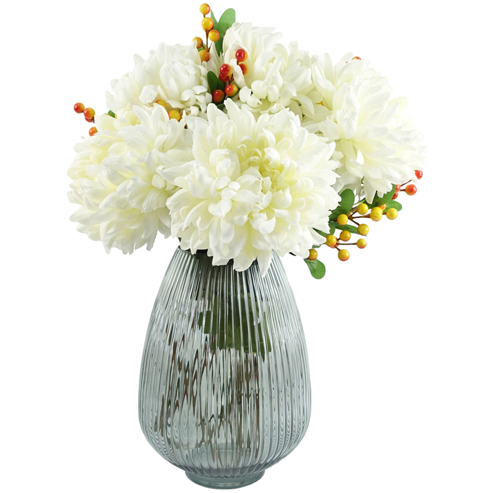 Leaf Chrysanthemums Artificial Flower Bundle with Grey Glass Vase 50cm 9 Pack Image 1