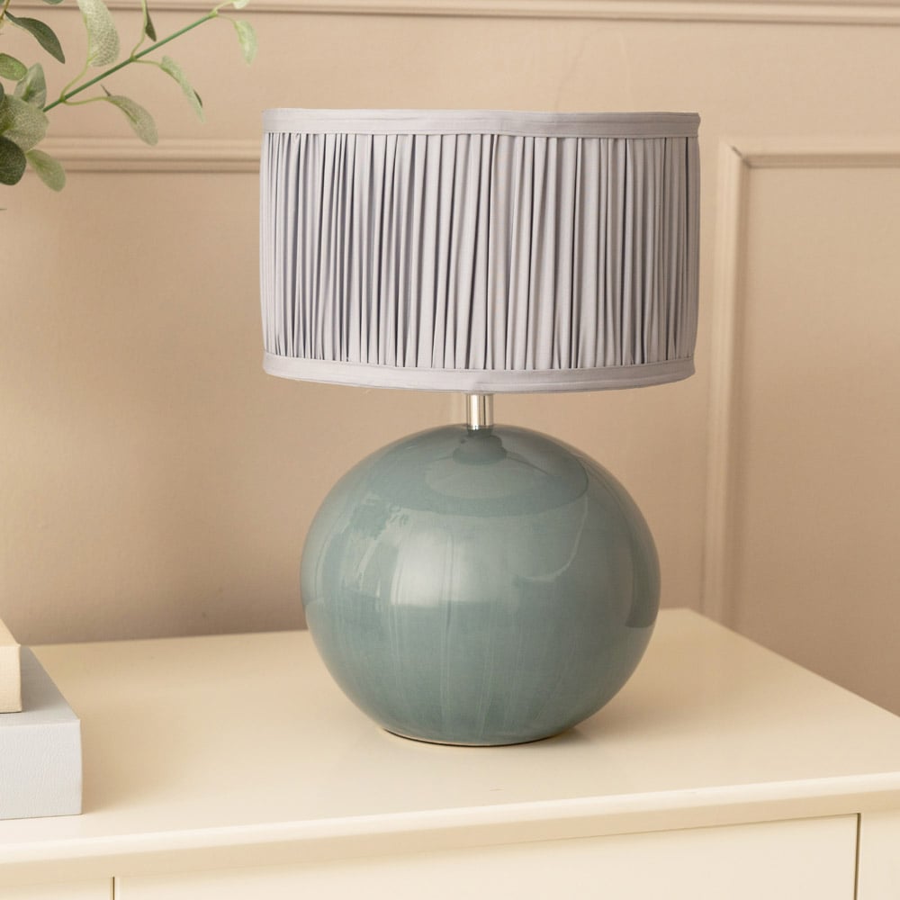 ValueLights Bosco Ruched Pleated Powder Blue Drum Shade Eucalyptus Ceramic LED Table Lamp Image 3
