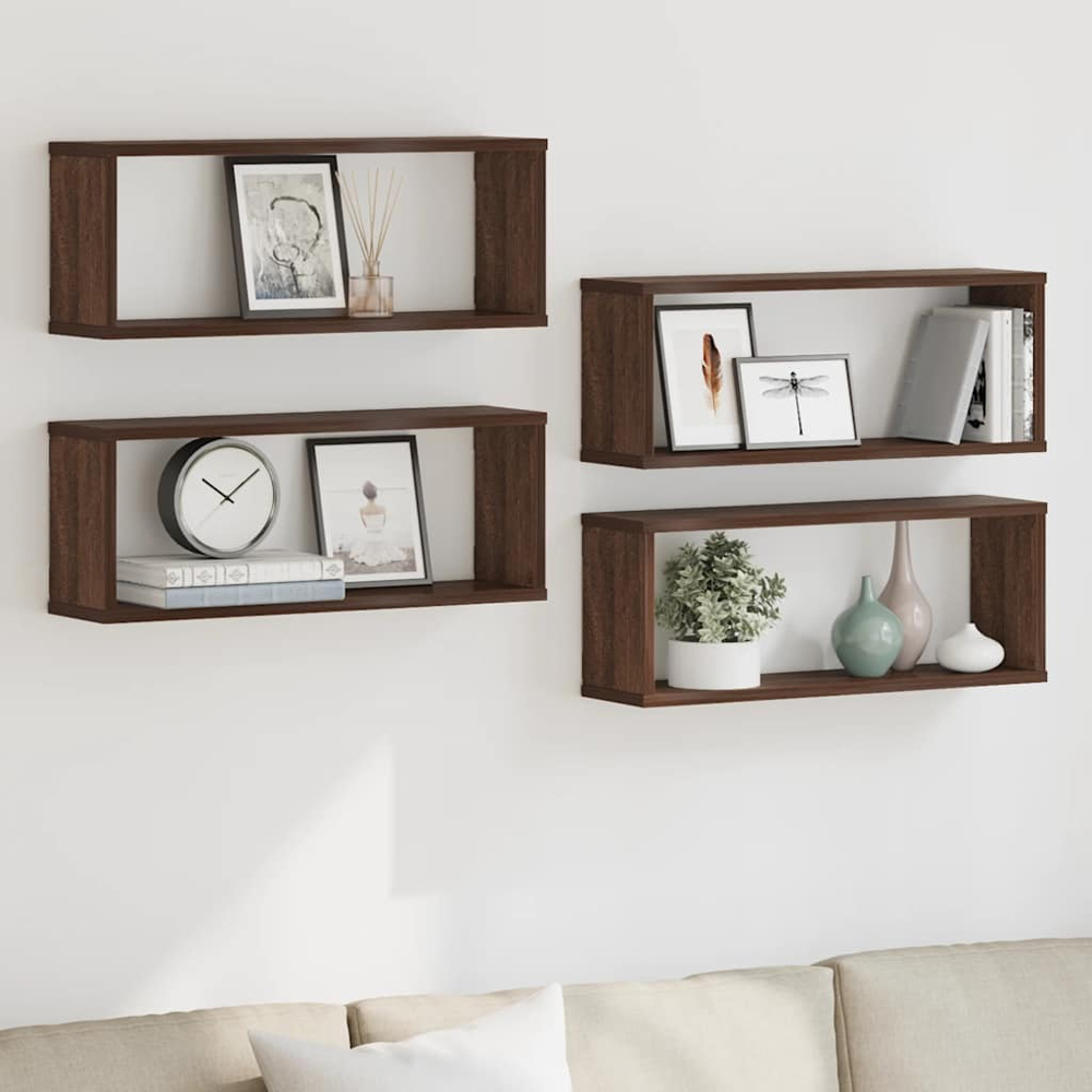 vidaXL Set of 4 Brown Floating Wall Cube Shelf Image 2