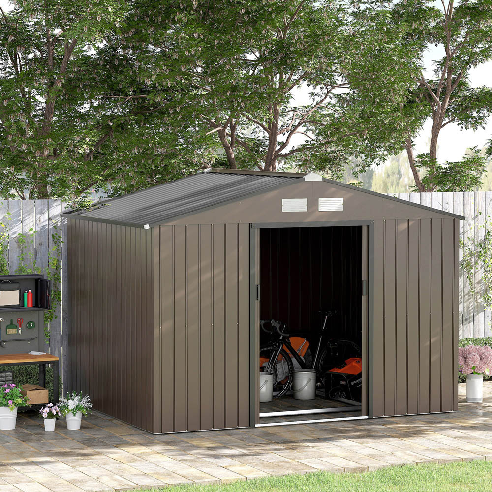 Outsunny 9 x 6ft Double Door Brown Garden Metal Shed Image 2