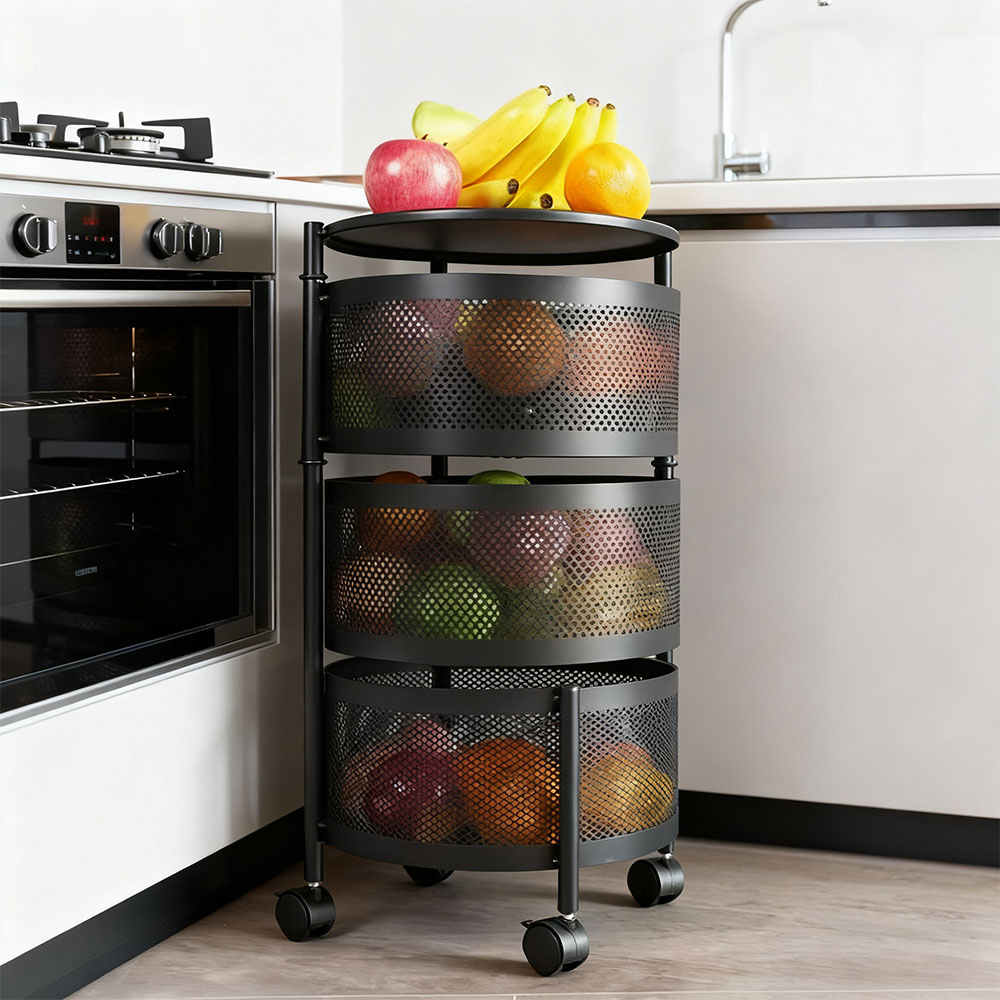 Living and Home 3-Tier Black Kitchen Storage Trolley with Rotating Basket Image 2