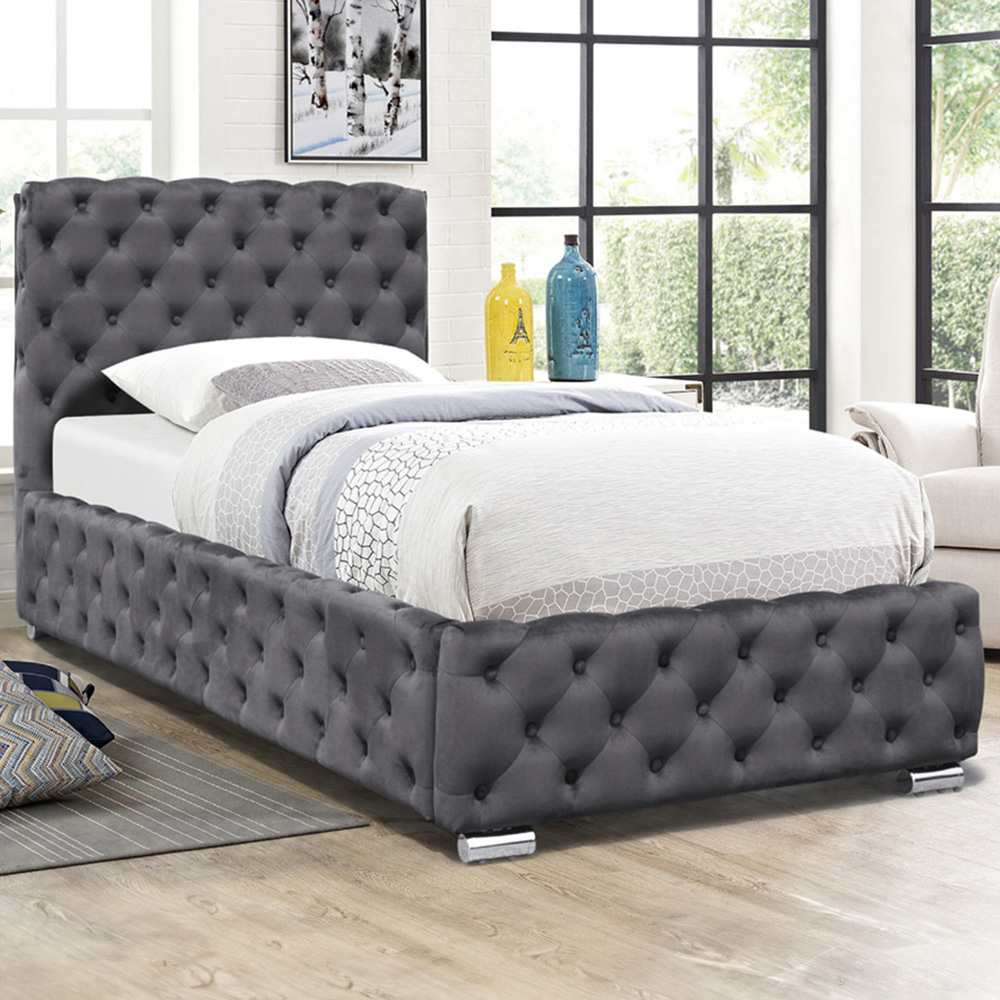 Comfy Living Single Grey Tufted Fabric Bed Frame Image 1