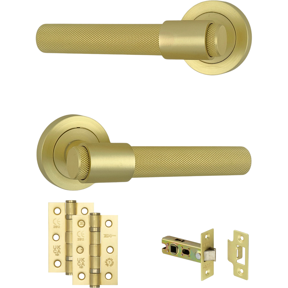 AXS Hardware Dakota Satin Brass Knurled Latch Door Handle on Rose Image 1