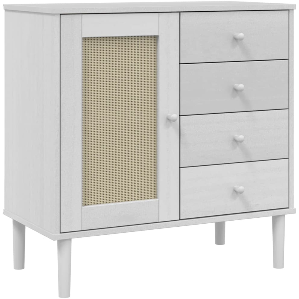 vidaXL Senja Single Door 4 Drawer White Solid Pine Wood Rattan Look Sideboard Image 2