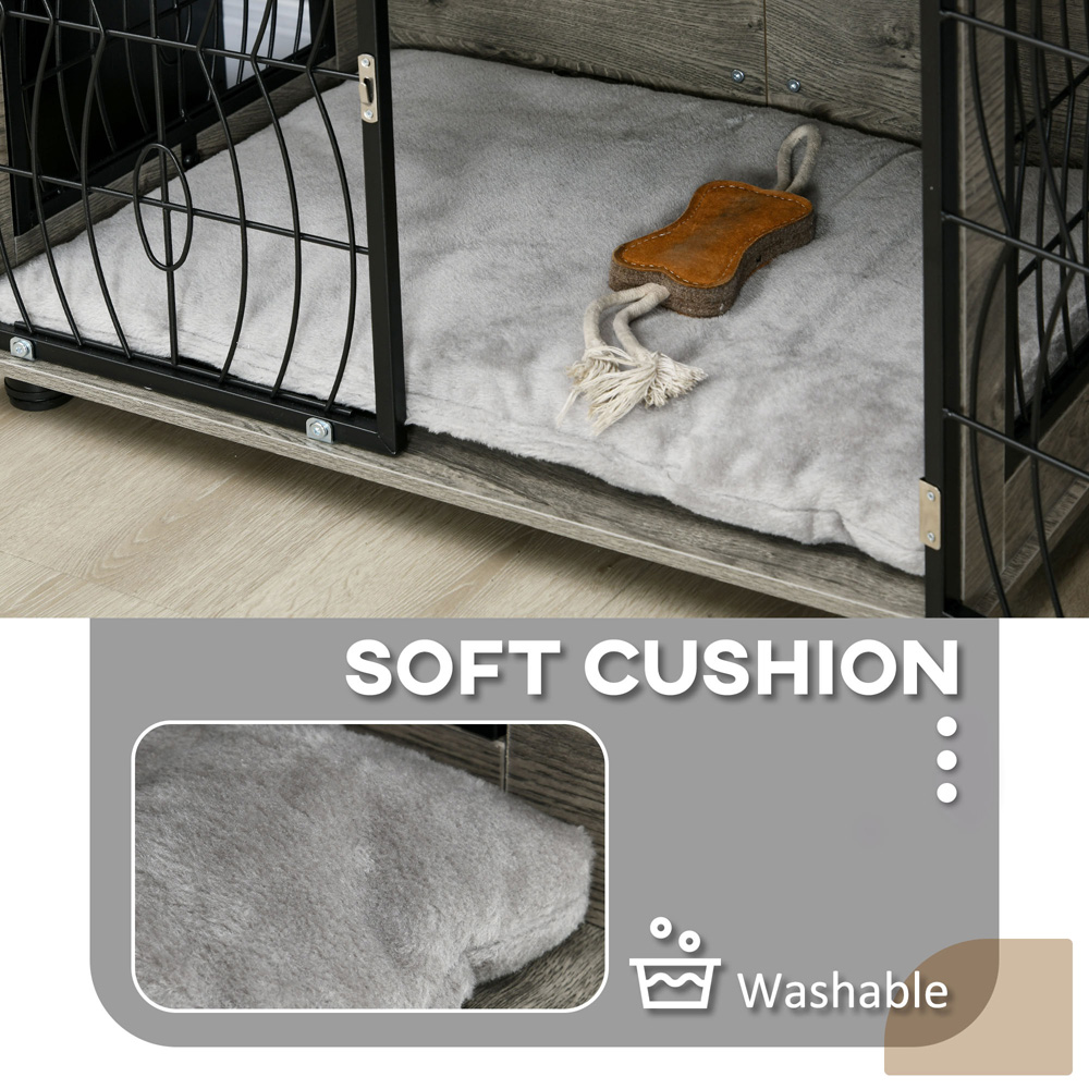 PawHut Grey Dog Crate End Table with Cushion 75cm Image 6