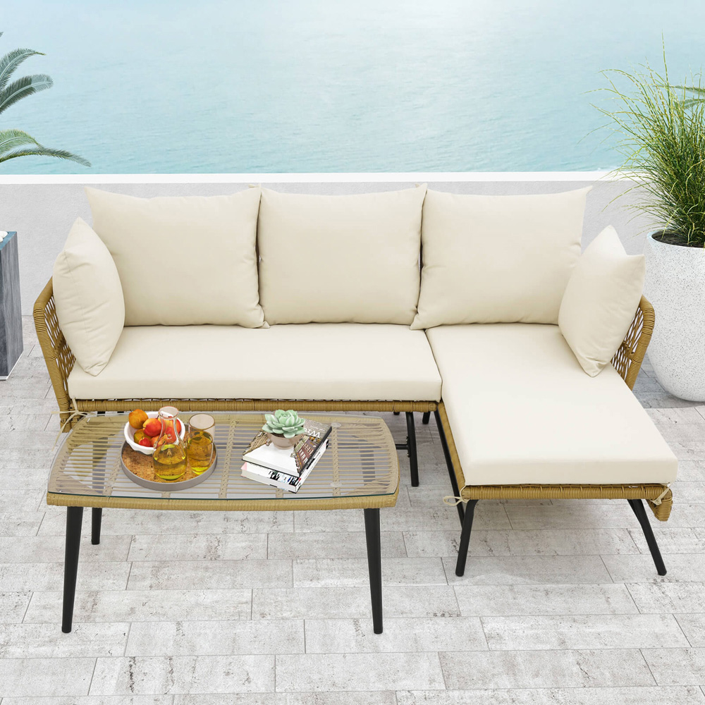 Costway 4 Seater Rattan White L Shaped Lounge Sofa Set Image 3