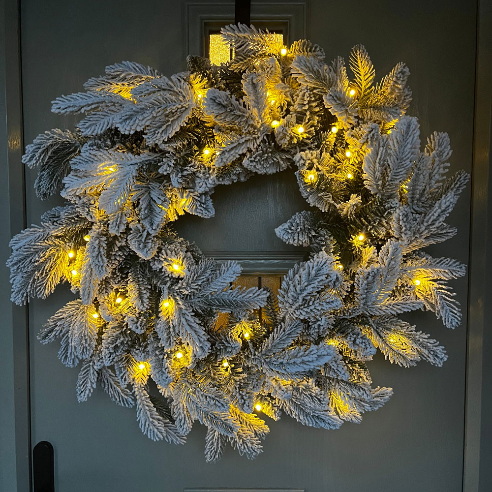 Festive Christmas Pre-Lit Snow Flocked Wreath 60cm Image 8