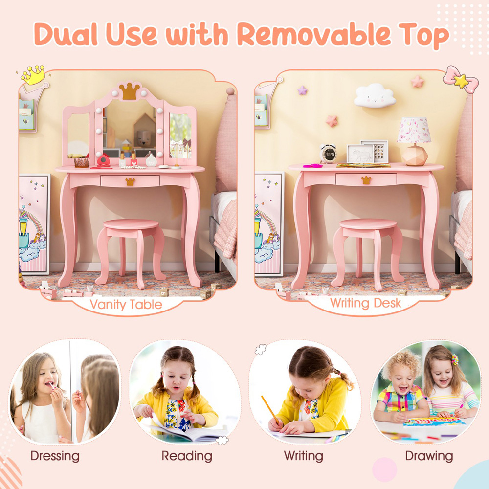 Costway Pink Kids Vanity Set with Lighted Mirror and Stool Image 6