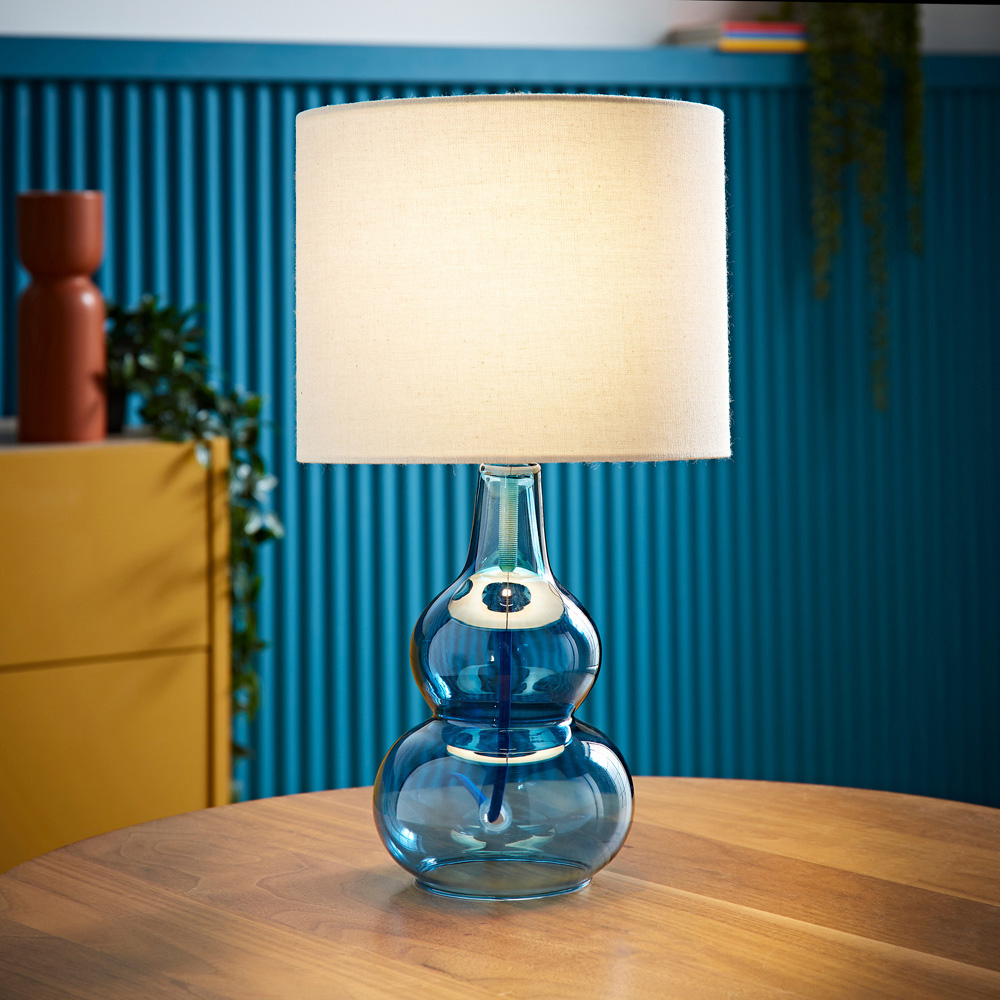 ValueLights Aida Natural Linen Tall Lamp Shade Blue Bubble Glass LED Table Lamp Image 2