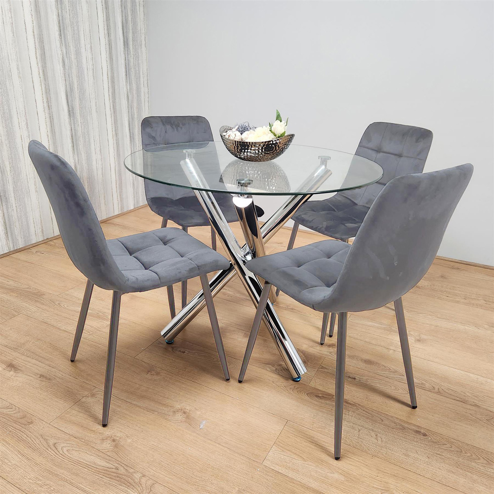 Kosy Koala 4 Seater Glass and Velvet Round Dining Table Set Chrome and Grey Image 6