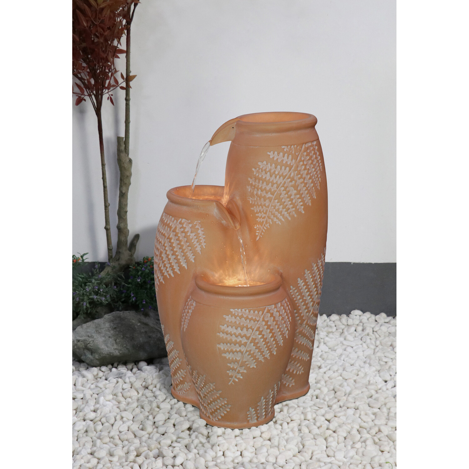 Set of 3 Leaf Etched Cascading Terracotta Pots - Brown Image 2