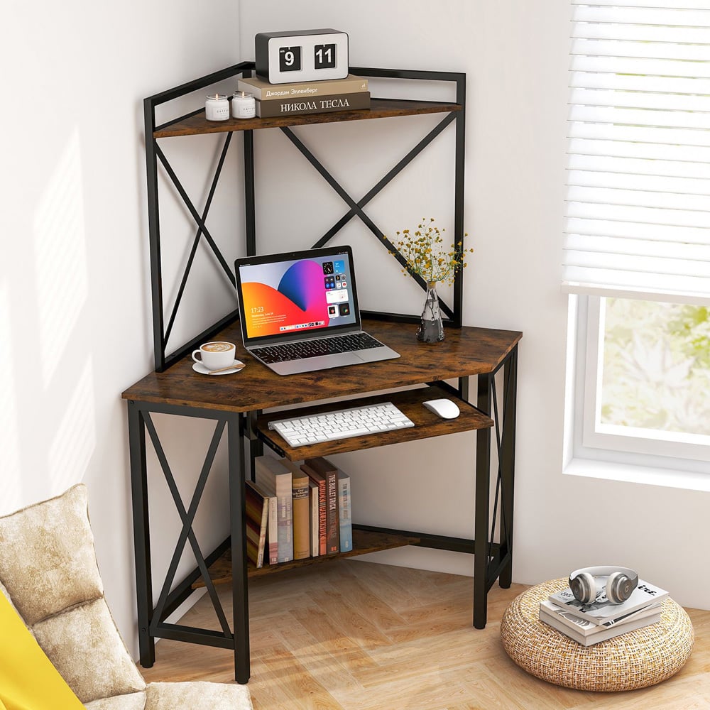 Costway 2 Shelf Corner Computer Desk with Keyboard Tray Rustic Brown Image 4