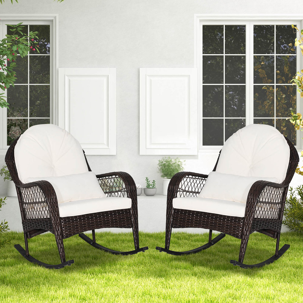 Costway White Rattan Rocking Chair with Seat Back Cushion Image 4