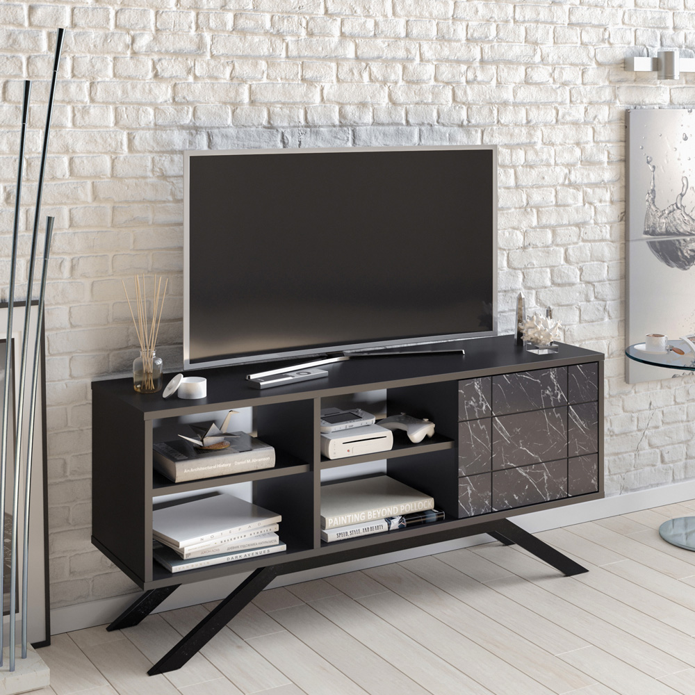 Decorotika North Single Door 4 Shelf Black Marble Effect TV Unit Image 3