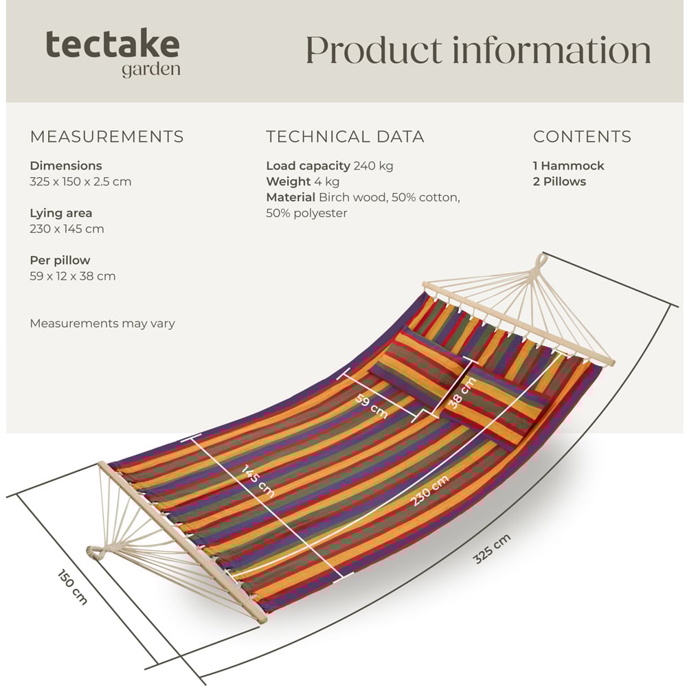 tectake Eden 2 Seater Colourful Stripes Hammock with Support Bars Image 8