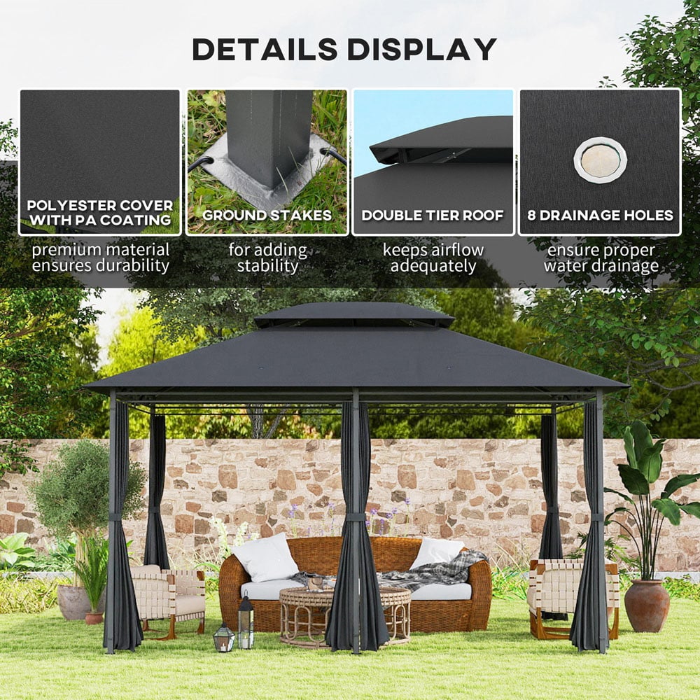 Outsunny 4 x 3m 2 Tier Black Steel Frame Garden Gazebo with Curtains Image 7