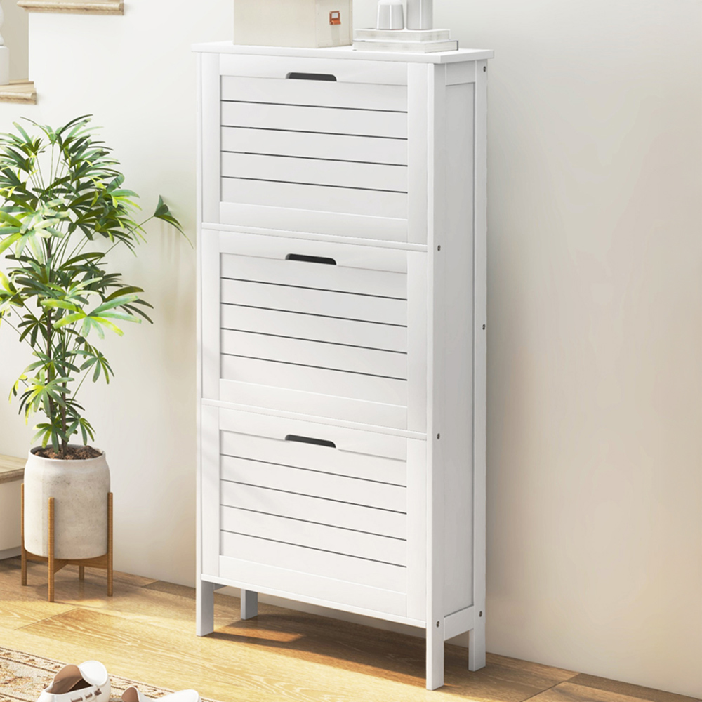 HOMCOM 3 Drawer White Narrow Flip Shoe Storage Cabinet Image 1