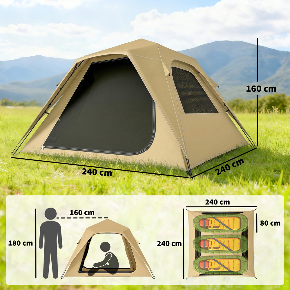 Outsunny 3-4 Person Waterproof Pop Up Camping Tent Khaki Image 9