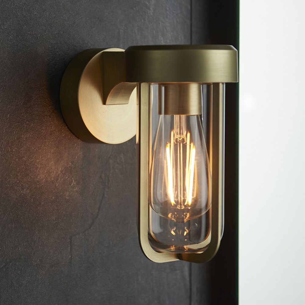 Merano Benevento Clear Glass Shade Brushed Gold Outdoor Wall Lamp Image 6