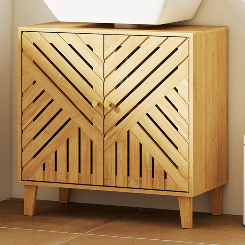 HOMCOM 2 Door Natural Bamboo Bathroom Under Sink Cabinet Image 1