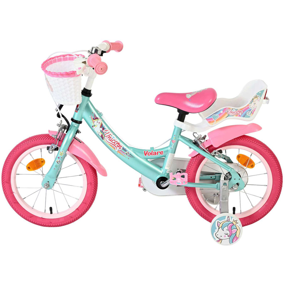 Volare Unicorn Kids 14 inch Green and Pink Bike with Stabilisers Doll Seat and Basket Image 4