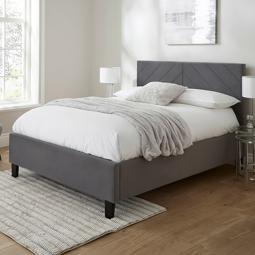 GFW Thea Double Grey Velvet End Lift Ottoman Bed with Chevron Headboard Image 1