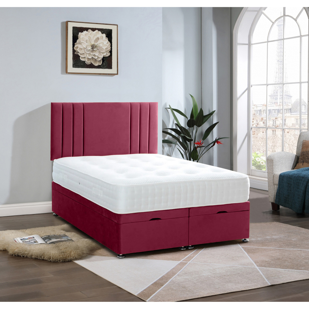 Eleganza Home Slumberlyn Single Maroon Plush Divan Ottoman Bed with Lined Headboard Image 2