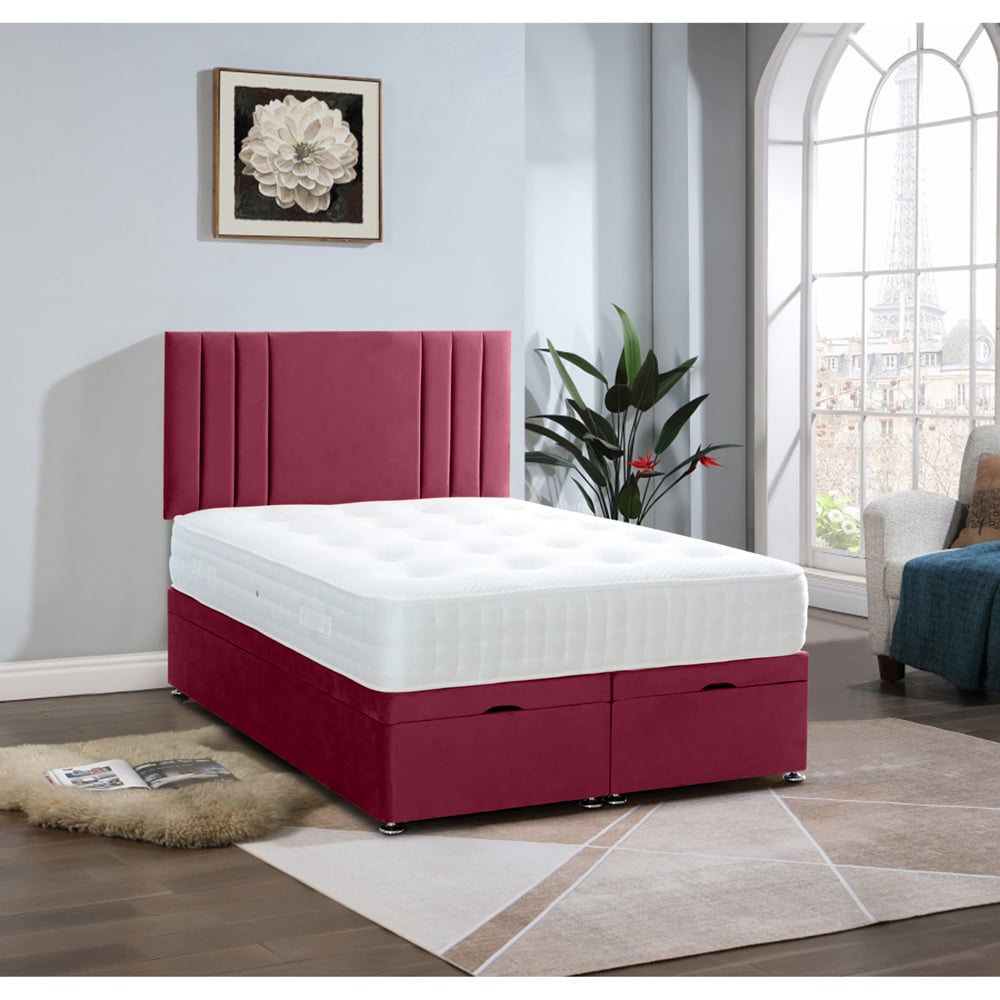 Eleganza Home Slumberlyn King Size Maroon Plush Divan Ottoman Bed with Lined Headboard Image 2